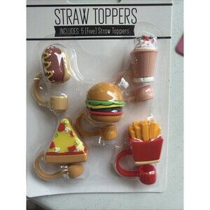 Foodies 5pc Silicone Straw Toppers Burger Pizza Fries Hot Dog Milkshake New